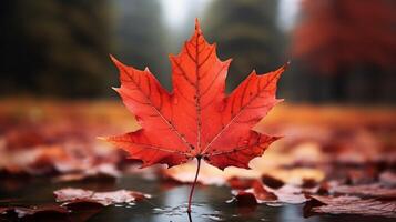 ai generiert einer lebendig Herbst bunt Ahorn Blatt im rot und Gelb Farben. Blatt Farbe trocken Park schließen Illustration Wald Herbst, natürlich Jahreszeit, draussen Garten Blatt Farbe trocken Park schließen foto