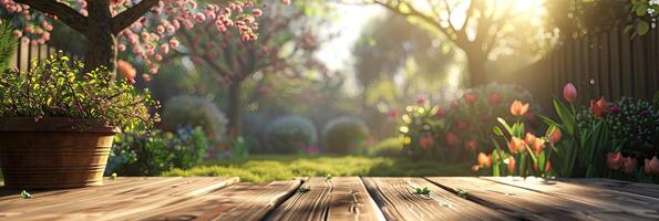 ai generiert Frühling Tabelle mit Bäume im blühen und defokussiert sonnig Garten im Hintergrund foto