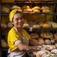 ai generiert ein Bäcker im ein Bäckerei, sie ist Backen Brot mit ein Lächeln foto