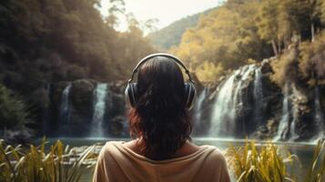 ai generiert Musik- Therapie, Harmonie, mental Gesundheit Konzept. ziemlich jung Frau genießen Musik- mit Kopfhörer draußen. Frau tragen Kopfhörer genießen Musik- und gut Stimmung foto