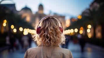 ai generiert Musik- Therapie, Harmonie, mental Gesundheit Konzept. ziemlich jung Frau genießen Musik- mit Kopfhörer draußen. Frau tragen Kopfhörer genießen Musik- und gut Stimmung foto