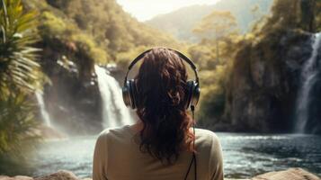 ai generiert Musik- Therapie, Harmonie, mental Gesundheit Konzept. ziemlich jung Frau genießen Musik- mit Kopfhörer draußen. Frau tragen Kopfhörer genießen Musik- und gut Stimmung foto