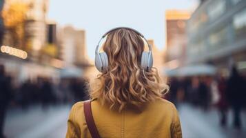 ai generiert Musik- Therapie, Harmonie, mental Gesundheit Konzept. ziemlich jung Frau genießen Musik- mit Kopfhörer draußen. Frau tragen Kopfhörer genießen Musik- und gut Stimmung foto