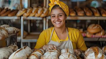 ai generiert ein Bäcker im ein Bäckerei, sie ist Backen Brot mit ein Lächeln foto