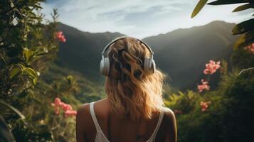 ai generiert Musik- Therapie, Harmonie, mental Gesundheit Konzept. ziemlich jung Frau genießen Musik- mit Kopfhörer draußen. Frau tragen Kopfhörer genießen Musik- und gut Stimmung foto