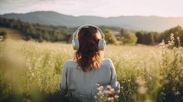 ai generiert Musik- Therapie, Harmonie, mental Gesundheit Konzept. ziemlich jung Frau genießen Musik- mit Kopfhörer draußen. Frau tragen Kopfhörer genießen Musik- und gut Stimmung foto