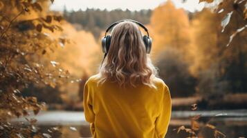 ai generiert Musik- Therapie, Harmonie, mental Gesundheit Konzept. ziemlich jung Frau genießen Musik- mit Kopfhörer draußen. Frau tragen Kopfhörer genießen Musik- und gut Stimmung foto