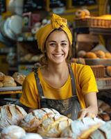 ai generiert ein Bäcker im ein Bäckerei, sie ist Backen Brot mit ein Lächeln foto