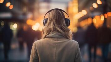 ai generiert Musik- Therapie, Harmonie, mental Gesundheit Konzept. ziemlich jung Frau genießen Musik- mit Kopfhörer draußen. Frau tragen Kopfhörer genießen Musik- und gut Stimmung foto