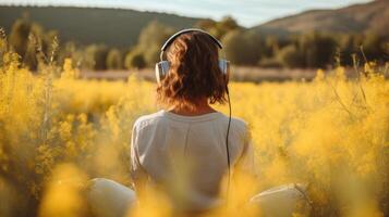 ai generiert Musik- Therapie, Harmonie, mental Gesundheit Konzept. ziemlich jung Frau genießen Musik- mit Kopfhörer draußen. Frau tragen Kopfhörer genießen Musik- und gut Stimmung foto