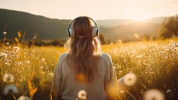 ai generiert Musik- Therapie, Harmonie, mental Gesundheit Konzept. ziemlich jung Frau genießen Musik- mit Kopfhörer draußen. Frau tragen Kopfhörer genießen Musik- und gut Stimmung foto