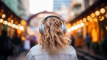 ai generiert Musik- Therapie, Harmonie, mental Gesundheit Konzept. ziemlich jung Frau genießen Musik- mit Kopfhörer draußen. Frau tragen Kopfhörer genießen Musik- und gut Stimmung foto