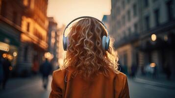 ai generiert Musik- Therapie, Harmonie, mental Gesundheit Konzept. ziemlich jung Frau genießen Musik- mit Kopfhörer draußen. Frau tragen Kopfhörer genießen Musik- und gut Stimmung foto