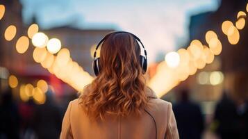 ai generiert Musik- Therapie, Harmonie, mental Gesundheit Konzept. ziemlich jung Frau genießen Musik- mit Kopfhörer draußen. Frau tragen Kopfhörer genießen Musik- und gut Stimmung foto