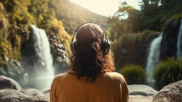 ai generiert Musik- Therapie, Harmonie, mental Gesundheit Konzept. ziemlich jung Frau genießen Musik- mit Kopfhörer draußen. Frau tragen Kopfhörer genießen Musik- und gut Stimmung foto