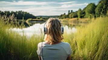 ai generiert Musik- Therapie, Harmonie, mental Gesundheit Konzept. ziemlich jung Frau genießen Musik- mit Kopfhörer draußen. Frau tragen Kopfhörer genießen Musik- und gut Stimmung foto