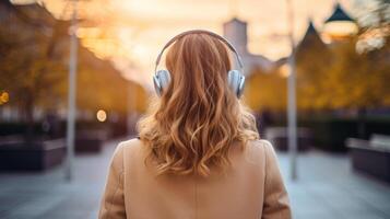 ai generiert Musik- Therapie, Harmonie, mental Gesundheit Konzept. ziemlich jung Frau genießen Musik- mit Kopfhörer draußen. Frau tragen Kopfhörer genießen Musik- und gut Stimmung foto