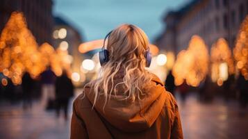 ai generiert Musik- Therapie, Harmonie, mental Gesundheit Konzept. ziemlich jung Frau genießen Musik- mit Kopfhörer draußen. Frau tragen Kopfhörer genießen Musik- und gut Stimmung foto