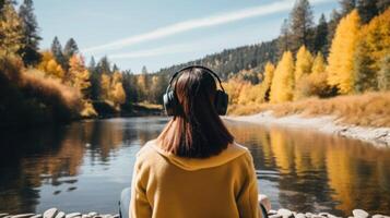 ai generiert Musik- Therapie, Harmonie, mental Gesundheit Konzept. ziemlich jung Frau genießen Musik- mit Kopfhörer draußen. Frau tragen Kopfhörer genießen Musik- und gut Stimmung foto