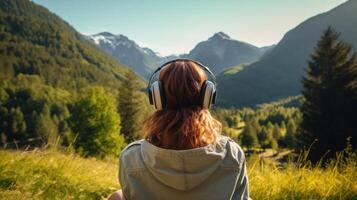 ai generiert Musik- Therapie, Harmonie, mental Gesundheit Konzept. ziemlich jung Frau genießen Musik- mit Kopfhörer draußen. Frau tragen Kopfhörer genießen Musik- und gut Stimmung foto