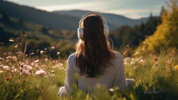 ai generiert Musik- Therapie, Harmonie, mental Gesundheit Konzept. ziemlich jung Frau genießen Musik- mit Kopfhörer draußen. Frau tragen Kopfhörer genießen Musik- und gut Stimmung foto