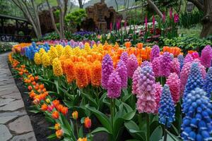 ai generiert Thema von draussen Frühling mit bunt Blumen Fachmann Fotografie foto