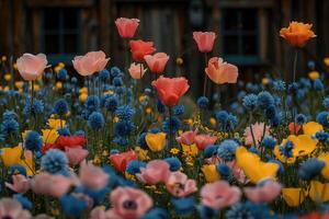 ai generiert Thema von draussen Frühling mit bunt Blumen Fachmann Fotografie foto