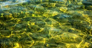 Hintergrund von das Wasser von See traunsee im das Küsten Bereich. bunt Textur von Steine unter Wasser. foto