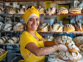 ai generiert ein Bäcker im ein Bäckerei, sie ist Backen Brot mit ein Lächeln foto