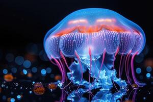 ai generiert das Marine Qualle leuchtet mit lumineszierend gegen von das dunkel Meer Fachmann Fotografie foto