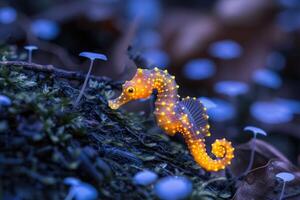 ai generiert das Marine Seepferdchen leuchtet mit lumineszierend gegen von das dunkel Meer Fachmann Fotografie foto