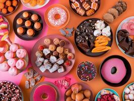 ai generiert ein Tabelle mit viele Süßigkeiten und Snacks foto