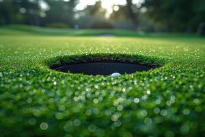 ai generiert Golf Loch und Bälle auf das Grün foto