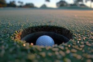 ai generiert Golf Loch und Bälle auf das Grün foto