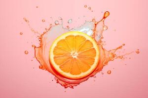 ai generiert lebendig Orange Scheibe mit ein dynamisch Spritzen auf ein Rosa Hintergrund foto