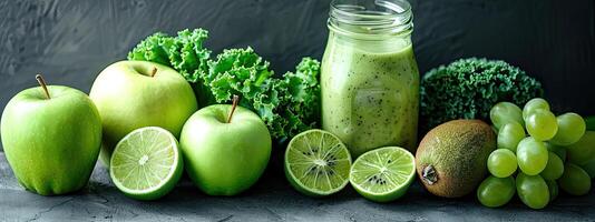 ai generiert Vegetarier, alkalisch Essen Konzept, Smoothie mit Gemüse und Früchte foto