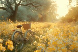 ai generiert Fahrrad Reiten durch das Landschaft mit ein Blumen im das Fahrrad Korb Fachmann Fotografie foto