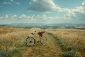 ai generiert Fahrrad Reiten durch das Landschaft mit ein Blumen im das Fahrrad Korb Fachmann Fotografie foto