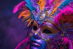 ai generiert ein schließen oben von ein Person tragen ein beschwingt Karneval gras Maske, präsentieren kompliziert Einzelheiten und beschwingt Farben. foto