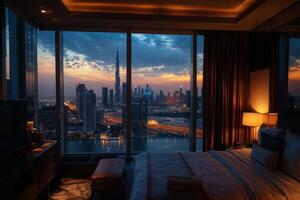 ai generiert tauchen du selber im das Stadtbild von ein luxuriös Hotel Zimmer mit vom Boden bis zur Decke Fenster mit Blick auf das geschäftig Stadt unter. foto