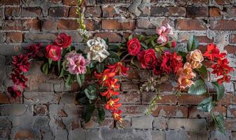 ai generiert Backstein Mauer mit bunt Graffiti und Blumen. Grunge Hintergrund foto