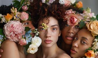 ai generiert Porträt von schön Frauen mit bilden und Blumen im Haar suchen beim Kamera foto
