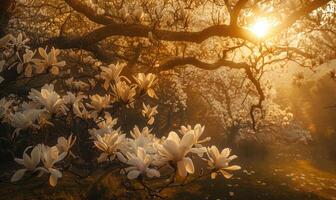 ai generiert Magnolie Baum im voll blühen unter das golden Licht von Sonnenaufgang foto