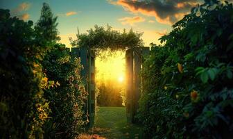 ai generiert Sonnenuntergang durch das Tor von ein Rose Garten mit Blühen Blumen foto