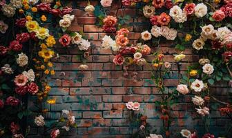 ai generiert schön Rosa und Gelb Blumen auf das Backstein Wand, Jahrgang Stil foto