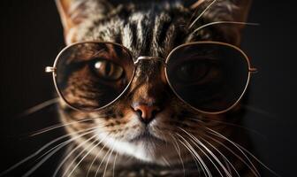 ai generiert Porträt von ein Tabby Katze tragen Brille auf ein dunkel Hintergrund. foto