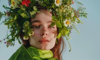 ai generiert Porträt von schön Mädchen mit Blumen- Kranz auf Kopf auf Grün Hintergrund foto