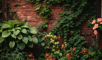 ai generiert schön Orange Rosen im das Garten auf Backstein Mauer Hintergrund mit Kopieren Raum foto