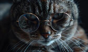 ai generiert schließen oben Porträt von ein Katze tragen Brille auf dunkel Hintergrund foto