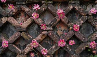ai generiert alt Backstein Mauer mit dekorativ Blume Muster. abstrakt Hintergrund und Textur zum Design. foto